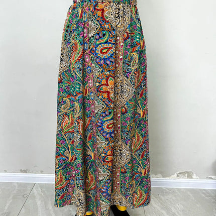 Gonna Lunga Vintage Bohemien con Stampa Etnica da Donna, Gonna Estiva Casual a Vita Alta 2026, Elegante Gonna Boho a Trapezio con Spacco e Pieghe