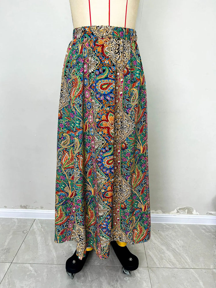Gonna Lunga Vintage Bohemien con Stampa Etnica da Donna, Gonna Estiva Casual a Vita Alta 2026, Elegante Gonna Boho a Trapezio con Spacco e Pieghe