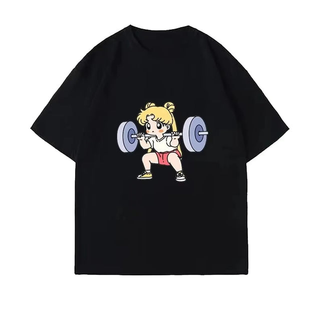 Sailor Moon Lifting Iron Fitness Women's Cotton T-shirt Girl Kids Parent-Child Summer Loose Cute Sweet Fun Short Sleeve Top