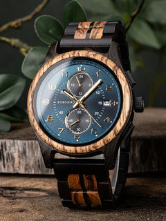 Wooden Watch for Men BOBOBIRD Chronograph PE933T-3 Movement Wristwatch with Luminous Hands Wood Watches Anniversary Gift for Him