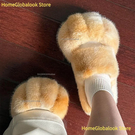 Women Kawaii Furry Cat Paw Slippers, Imitation Fur Fluffy Plush Warm Home Shoes, Comfort Flat Heel Cute Cat Slippers for Bedroom Indoor Daily Wear