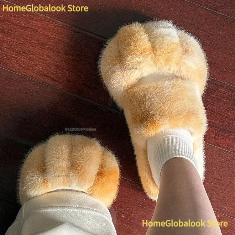 Women Kawaii Furry Cat Paw Slippers, Imitation Fur Fluffy Plush Warm Home Shoes, Comfort Flat Heel Cute Cat Slippers for Bedroom Indoor Daily Wear