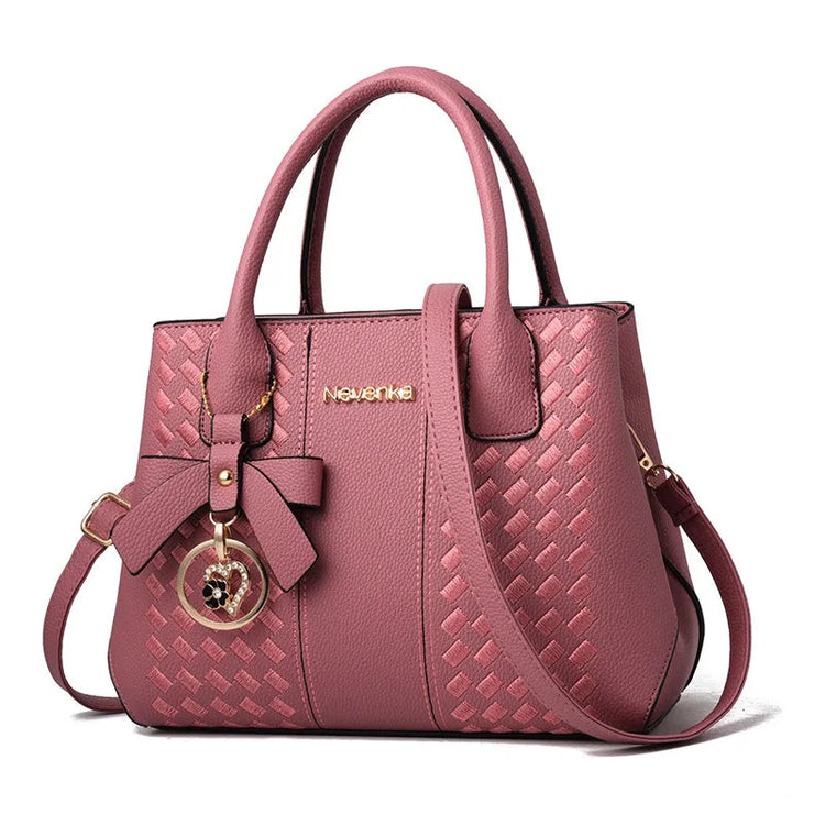 Bow Metal Pendant Top Handle Satchel Crossbody Bag, PU Leather Textured Bag Purse, Classic Versatile Fashion Shoulder Bag PlatiNum