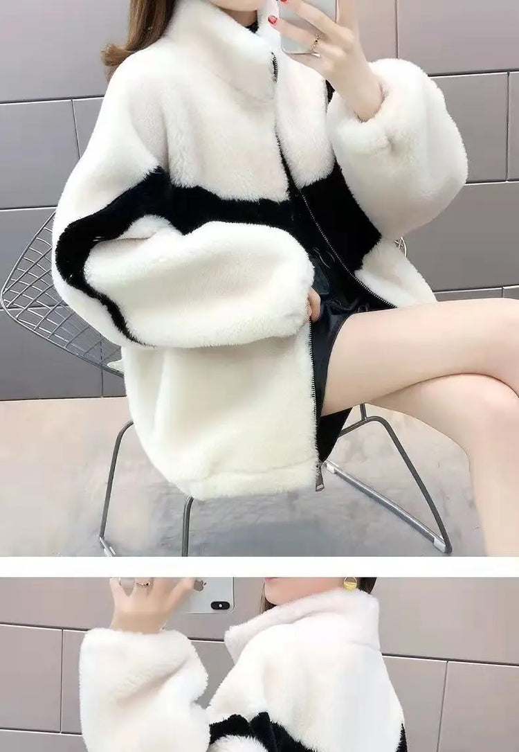 Warm Stand collar Faux fur Winter Jacket Female 2024 New Korean Loose Thick Lamb wool Coat Short Stitching Womens Parkas Outwear