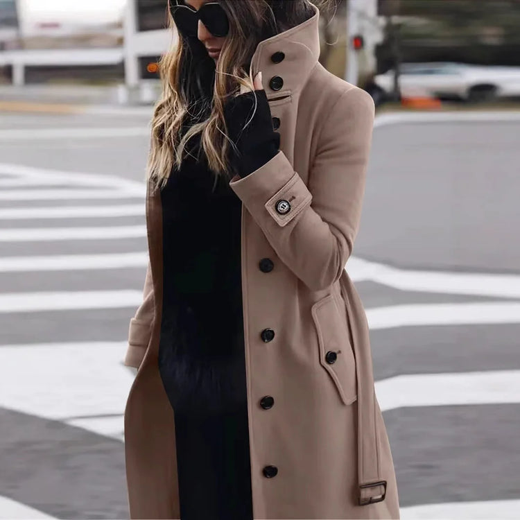 New Solid Color Button Long Wool Coat Autumn Warm Stand Collar Women Coat Fashion Ladies High Neck Pocket Belt Trench Coat