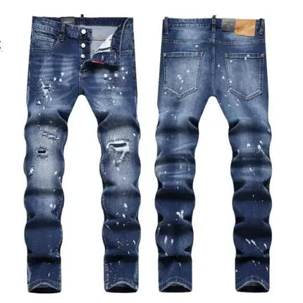 New Fashion Men Black Ripped Denim Jeans talian High Street Style Denim Pants High Quality Male Slim Fit Denim Trousers Size 38 PlatiNum