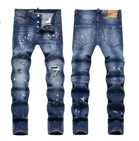 New Fashion Men Black Ripped Denim Jeans talian High Street Style Denim Pants High Quality Male Slim Fit Denim Trousers Size 38 PlatiNum