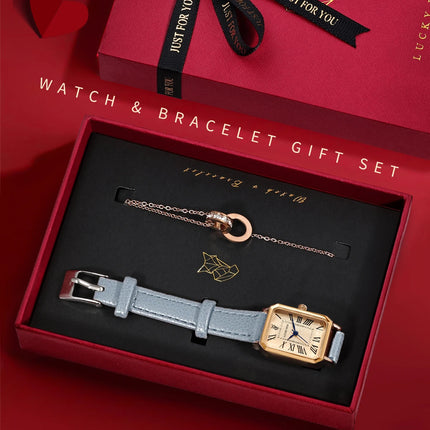 LUCKY FOX 2 pezzi confezione regalo di lusso leggera set braccialetto orologio orologio al quarzo quadrato da donna semplice e alla moda regalo del festival Reloj platinumshop