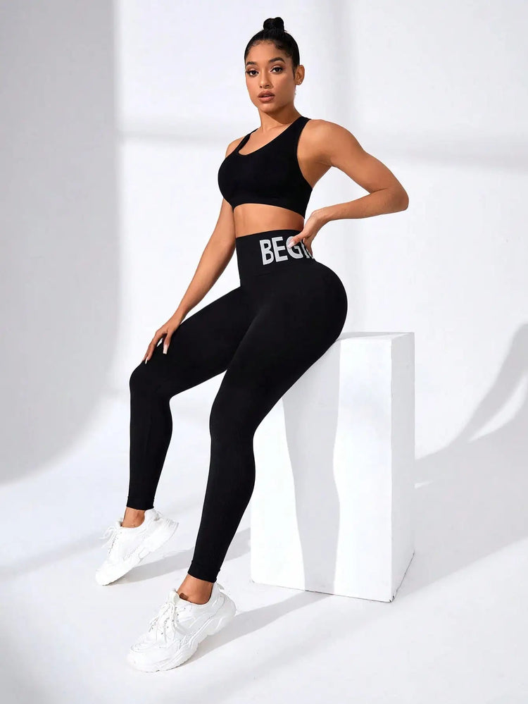 European and American Seamless Yoga Leggings with Waistband Lettering, Butt-Lifting, Quick-Dry Women's Breathable Tights for Pea PlatiNum