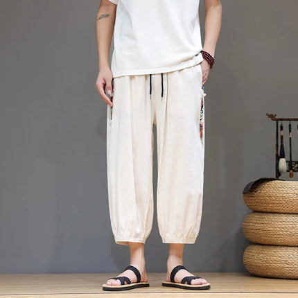 Pantaloncini estivi da uomo Pantaloni casual traspiranti in cotone Pantaloni larghi tradizionali retrò streetwear al polpaccio Pantaloncini comodi da uomo