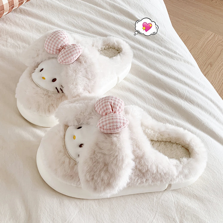 2026 Cute Bow Cat Cartoon Plush Slippers Women Men Winter Warm Thick Sole House Shoes Indoor Fuzzy Comfortable Soft Home Slides