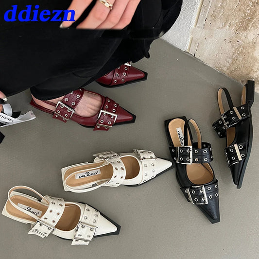 Women Flat With Shoes 2025 Designer Luxury Buckle Fashion Ladies Flats Shoes Slingback Pointed Toe Casual Female Sandals Mules