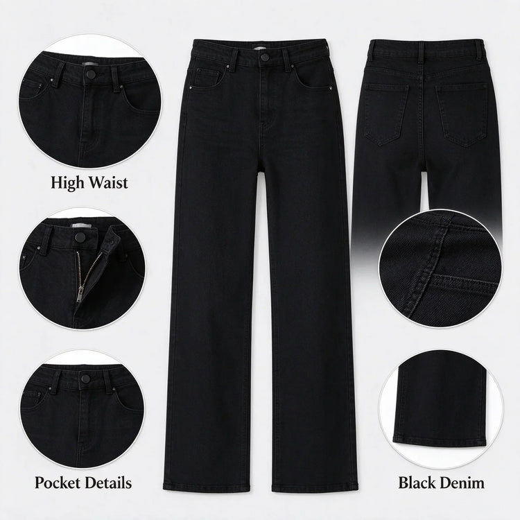 Women High Waist Black Flared Stretch Jeans, Loose Fit Denim Pants with Stitching Details, Elegant Casual Fashion Trousers for All Seasons, Sizes XS-XL Fx1338-1