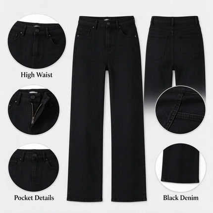 Women High Waist Black Flared Stretch Jeans, Loose Fit Denim Pants with Stitching Details, Elegant Casual Fashion Trousers for All Seasons, Sizes XS-XL Fx1338-1