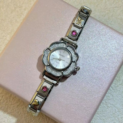 Orologi al quarzo da donna con intarsio floreale in zirconio, design chic di lusso, cinturino in acciaio inossidabile, regalo di compleanno per lei platinumshop