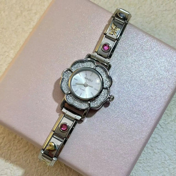 Orologi al quarzo da donna con intarsio floreale in zirconio, design chic di lusso, cinturino in acciaio inossidabile, regalo di compleanno per lei platinumshop