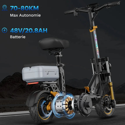 Monopattino Elettrico 1200W, Autonomia 80km, Batteria 48V 20.8Ah, Freni Idraulici, Pieghevole, con Sedile e Vano Portaoggetti, Pneumatici 11"/10"