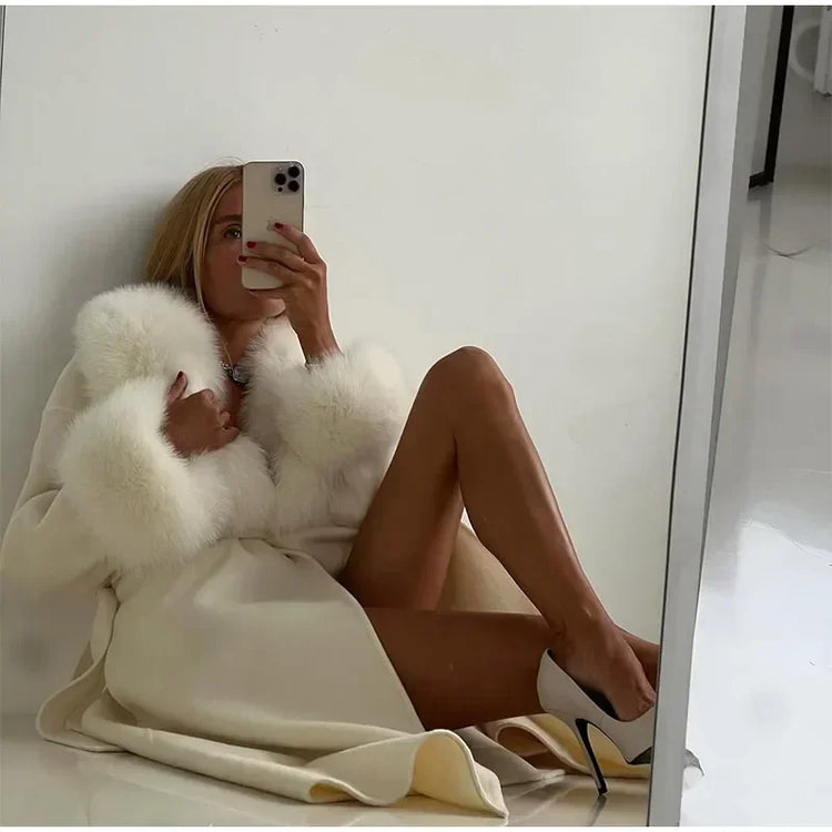 Retro Black Fur Patchwork Woolen Coat Women Chic Full Sleeve V-neck Lace Up Loose Long Overcoat 2025 Lady Winter Commute Outwear
