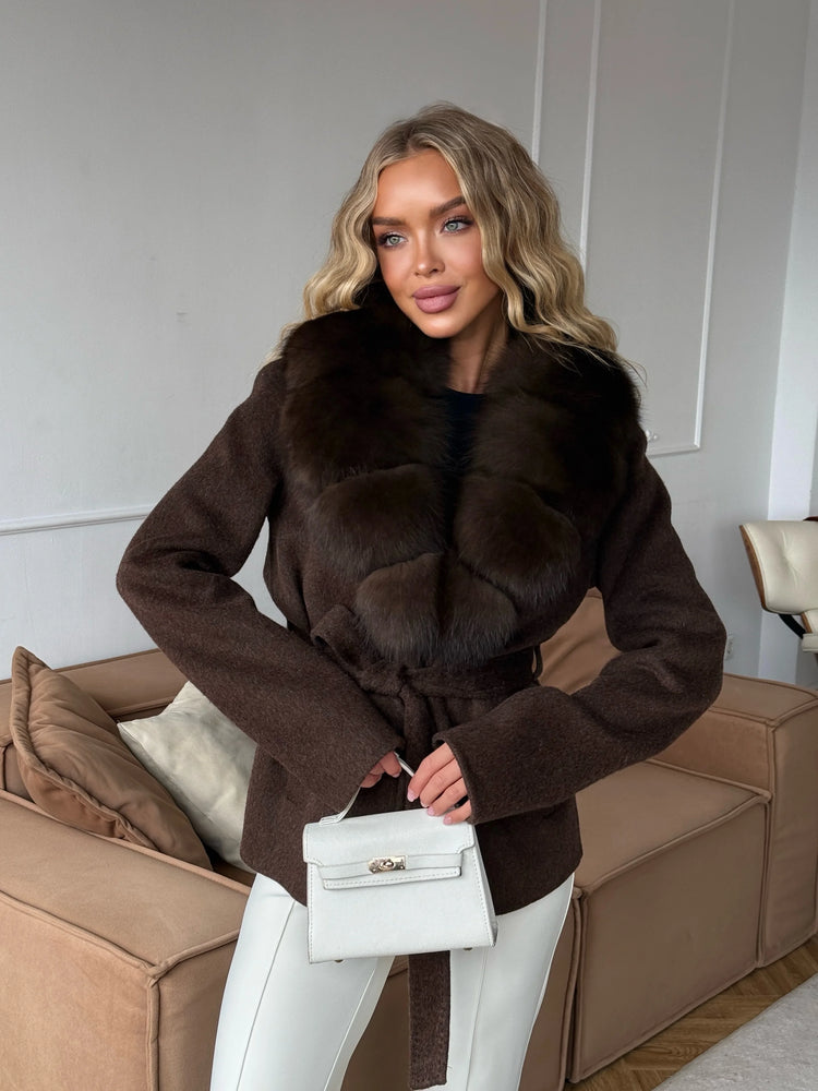 Brown Faux Fur Collar Wool Blend Belted Coats Elegant Wrap V Neck Long Sleeve Lace Up Jackets 2026 Lady Winter Autumn Outwear