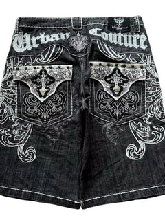 American Vintage Popular New Pattern Embroidery Baggy Denim Shorts Men Street Fashion Gothic Casual Joker Shorts Women Clothing