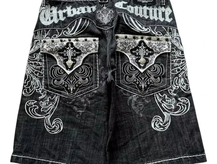 American Vintage Popular New Pattern Embroidery Baggy Denim Shorts Men Street Fashion Gothic Casual Joker Shorts Women Clothing PlatiNum