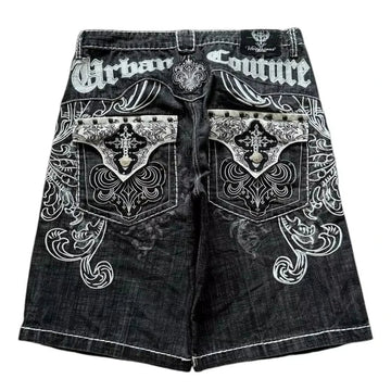 American Vintage Popular New Pattern Embroidery Baggy Denim Shorts Men Street Fashion Gothic Casual Joker Shorts Women Clothing PlatiNum