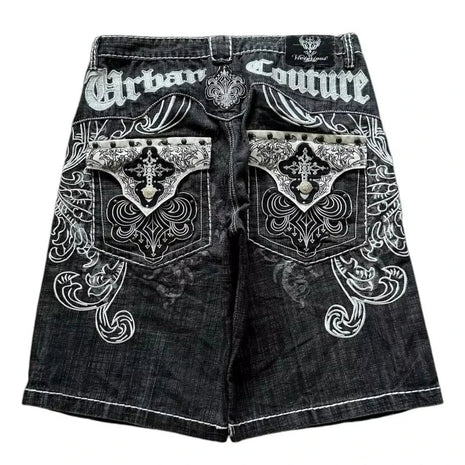 American Vintage Popular New Pattern Embroidery Baggy Denim Shorts Men Street Fashion Gothic Casual Joker Shorts Women Clothing PlatiNum