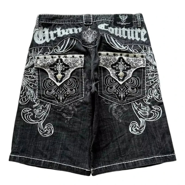 American Vintage Popular New Pattern Embroidery Baggy Denim Shorts Men Street Fashion Gothic Casual Joker Shorts Women Clothing PlatiNum