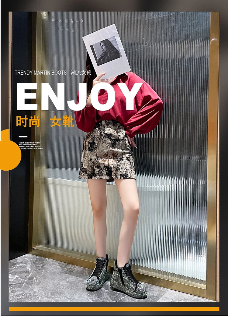 Designer Platform Sneakers Full Diamond Luxury Shoes Versatile Flat Bottom High-top Casual Skateboard Shoes Zapatos De Mujer