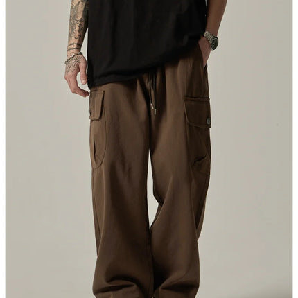Men's Sweatpants 2025 Spring Autumn Vintage Japanese Wide Leg Straight Loose Button Big Pockets Cargo Pants Drawstring Trousers