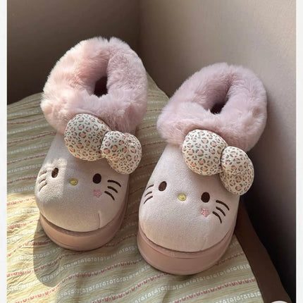 Sanrio Hello Kitty Winter Fleece Lined EVA Thick Mule Slippers Snowy Day Anti-Slip Warm Fleece Outdoor Slippers Women Snow Boots
