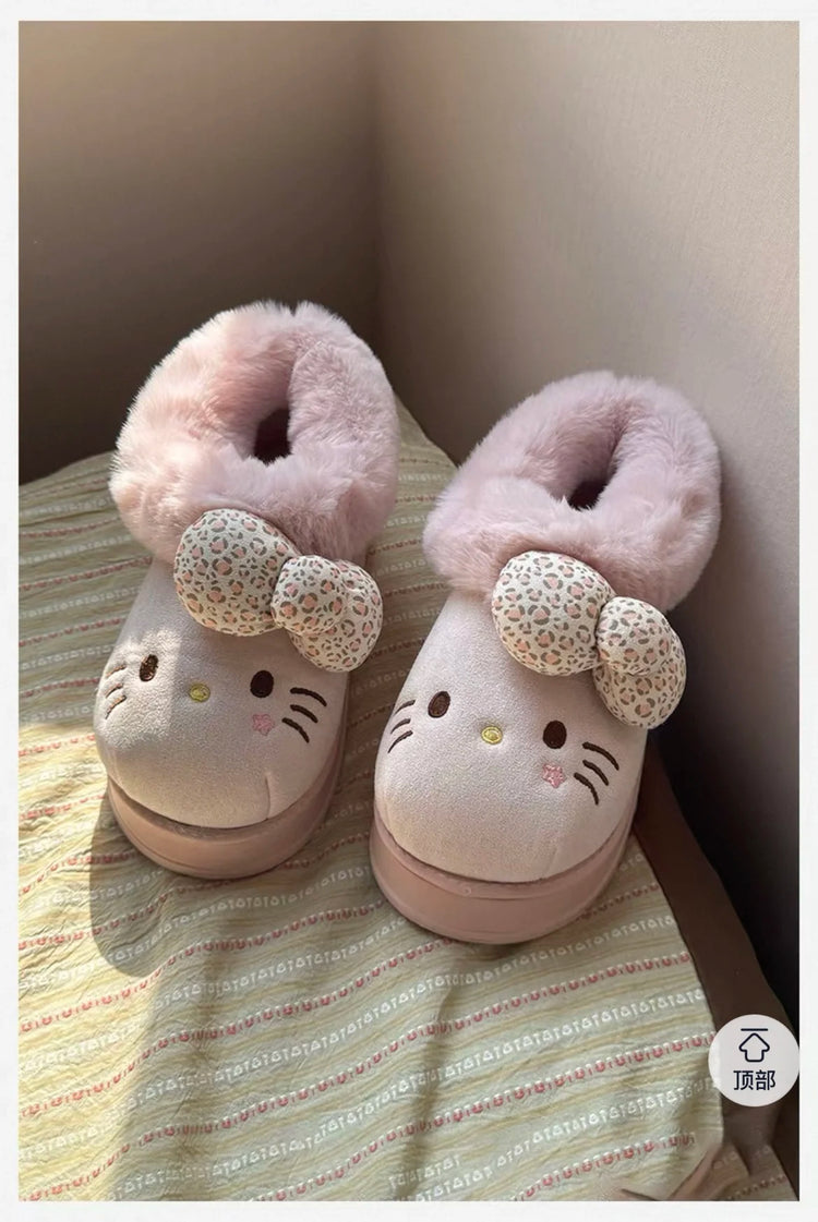Sanrio Hello Kitty Winter Fleece Lined EVA Thick Mule Slippers Snowy Day Anti-Slip Warm Fleece Outdoor Slippers Women Snow Boots
