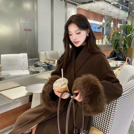 Lace Up Lapel Cashmere Wool Coat For Women's Winter Fashion Female Woolen Jackets Fur Long Sleeve Loose Overcoats
