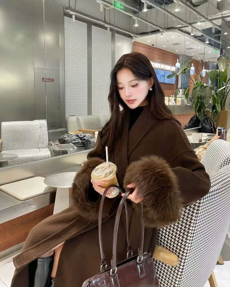 Lace Up Lapel Cashmere Wool Coat For Women's Winter Fashion Female Woolen Jackets Fur Long Sleeve Loose Overcoats