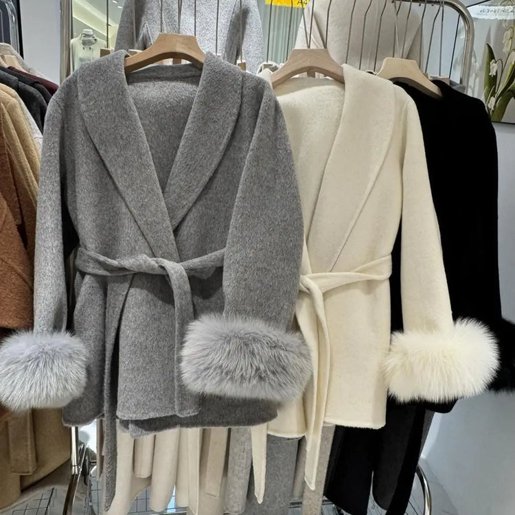 Faux Grey Elegant Casual Winter Belted Mid-Length Overcoat Women's Fashion Outerwear Warm Coat 2025 Fashion Cardigan Jacket
