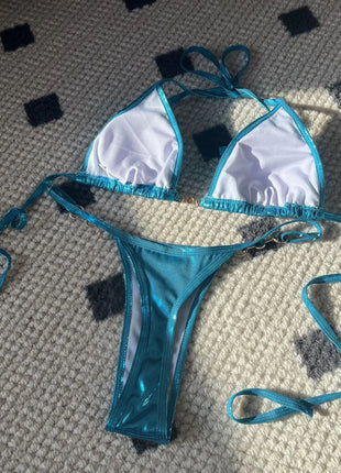 Micro Bikini Rosa Lucido da Donna, Sexy con Perle in PU, Push-Up, Perizoma, Costume da Bagno Estivo, con Lacci, per Vacanze PlatiNum