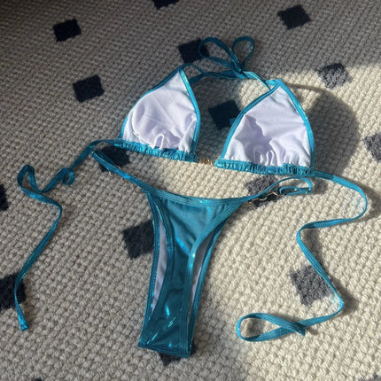 Micro Bikini Rosa Lucido da Donna, Sexy con Perle in PU, Push-Up, Perizoma, Costume da Bagno Estivo, con Lacci, per Vacanze PlatiNum