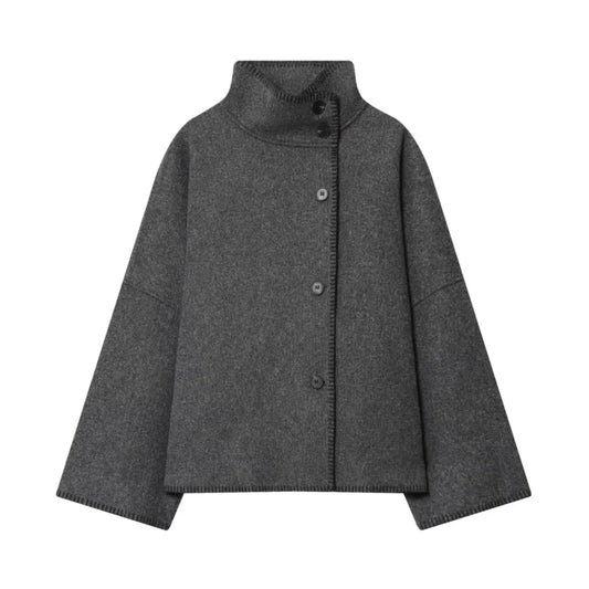 Women Wool Jacket with Wide Shoulder Autumn Vintage High Neck Long Sleeve Button Lady Coats Causal Female Chic Tops