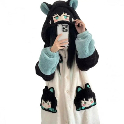 Demon Slayer Kanroji Mitsuri Tokito Muichiro Women Autumn Winter Loungewear Coral Fleece Robe  Love Hashira Cosplay Home Pajamas