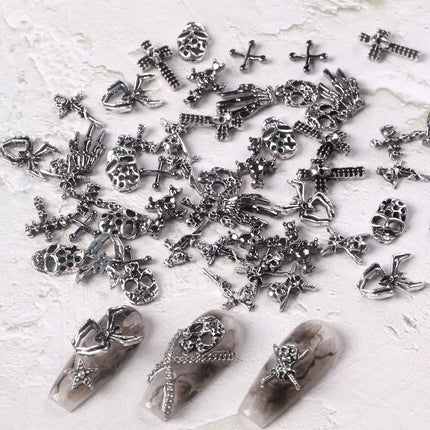 50pcs Mix Design Skull Cross Spider Nail Charms 3D Silver Bone Cross Halloween DIY Nail Art Decoration