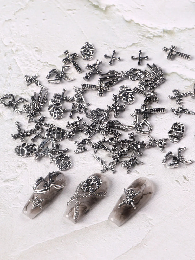 50pcs Mix Design Skull Cross Spider Nail Charms 3D Silver Bone Cross Halloween DIY Nail Art Decoration