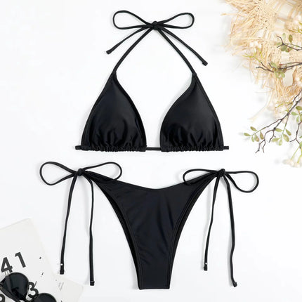Women's Beach Style Halter Swimsuit Solid Thong Bikini Set Sexy Bathing Suit Female Swimwear