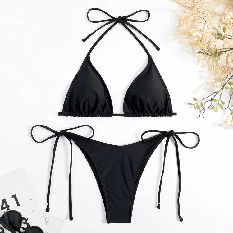 Women's Beach Style Halter Swimsuit Solid Thong Bikini Set Sexy Bathing Suit Female Swimwear