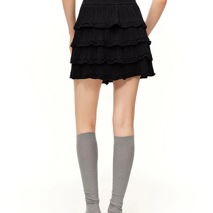 DUSHU Ruffled Knitted Skirt Spring Black Elastic Waist Cake Mini Skirt Ruched Ruffles Sweet Straight Leisure Korean Style PlatiNum