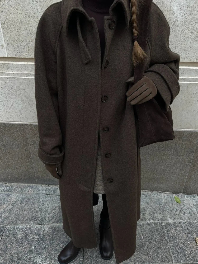 Women's Long Woolen Overcoats Stand Collar Single Breasted Lace Up Oversized Coat Autumn Winter Female Loose New Chic Outerwears