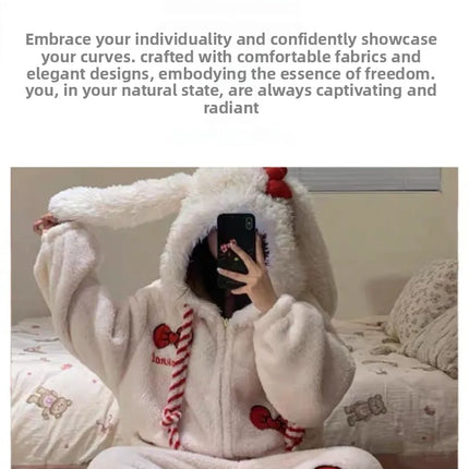 New Sweet and Cute Bow Rabbit One-piece Pajamas Women's Winter New Fleece Thickened Coral Fleece Large Size Loungewear Sleepwear