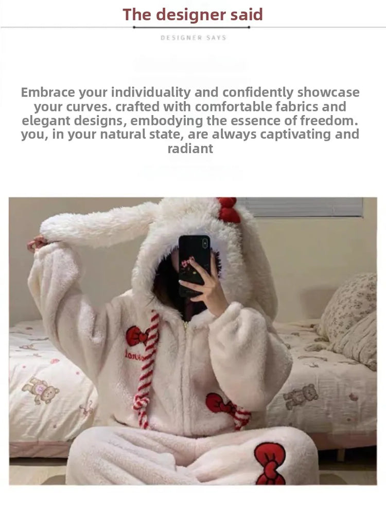 New Sweet and Cute Bow Rabbit One-piece Pajamas Women's Winter New Fleece Thickened Coral Fleece Large Size Loungewear Sleepwear