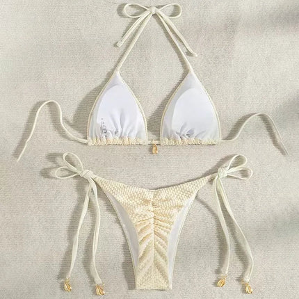 Nuovo Bikini Halter Testurizzato 2026 da Donna, Set Bikini a Triangolo a 2 Pezzi, Costume da Bagno Sexy a Taglio Alto con Laccetti Laterali PlatiNum