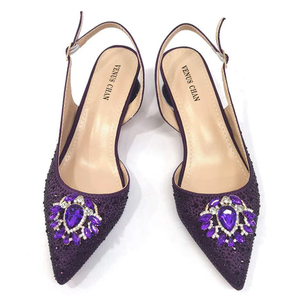 Venus Chan Royal Blue Sandals for Women 2024 Luxury Wedding Pumps Med Heels strass Design Party Shoes and Bags Set