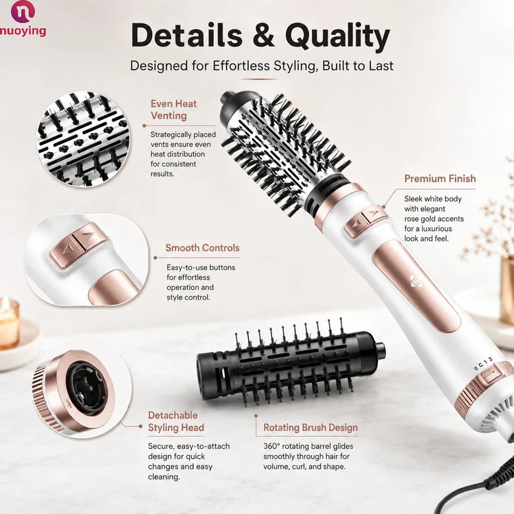 3 in 1 Rotating Hot Air Brush, 800W Professional Hair Dryer Brush, Bi-Directional Rotation with 2 Curling Rollers, Adjustable Temp & Speed Hair Styling Tool